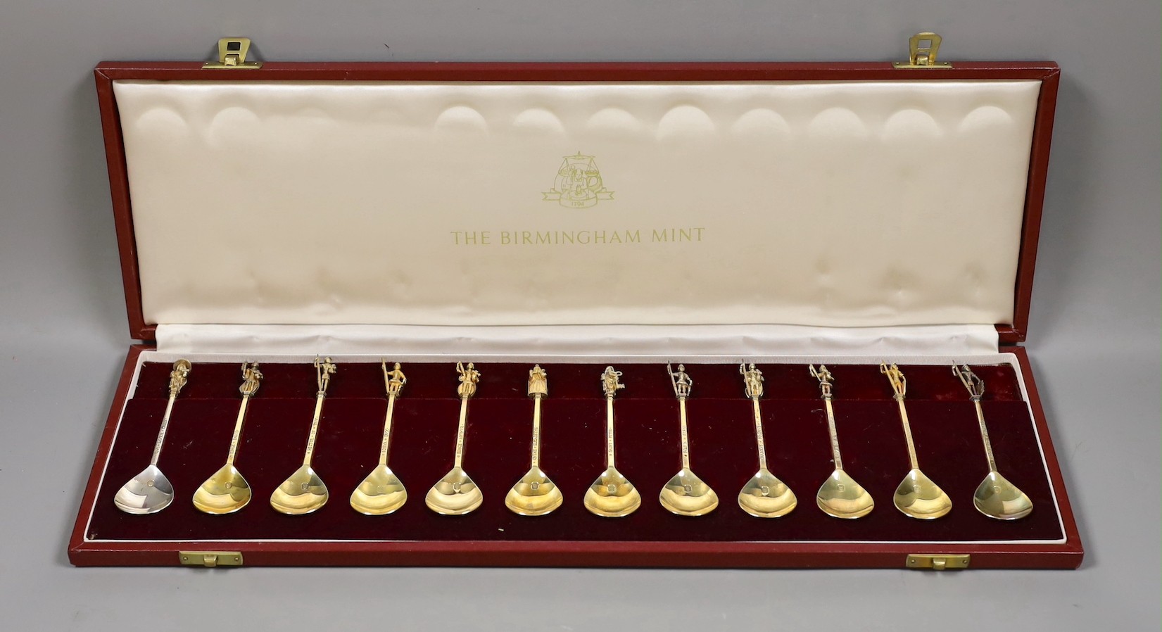 A modern cased set of twelve parcel gilt silver commemorative 'The Titchbone Spoons', The Birmingham Mint, Birmingham, 1954/55.